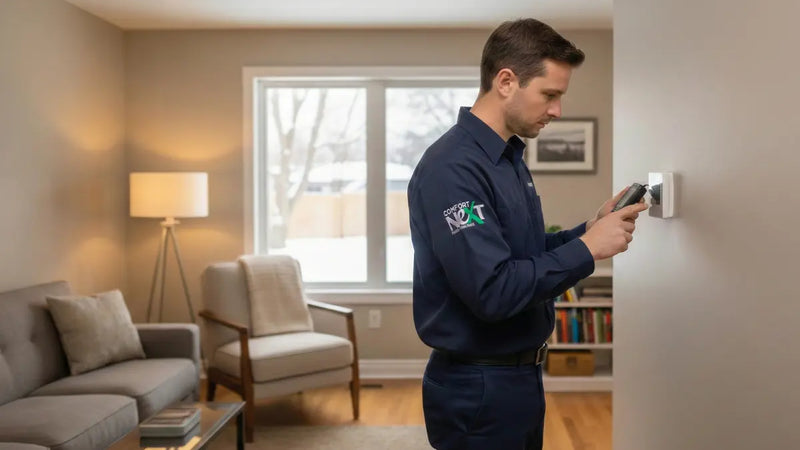 HVAC technician installing smart thermostat