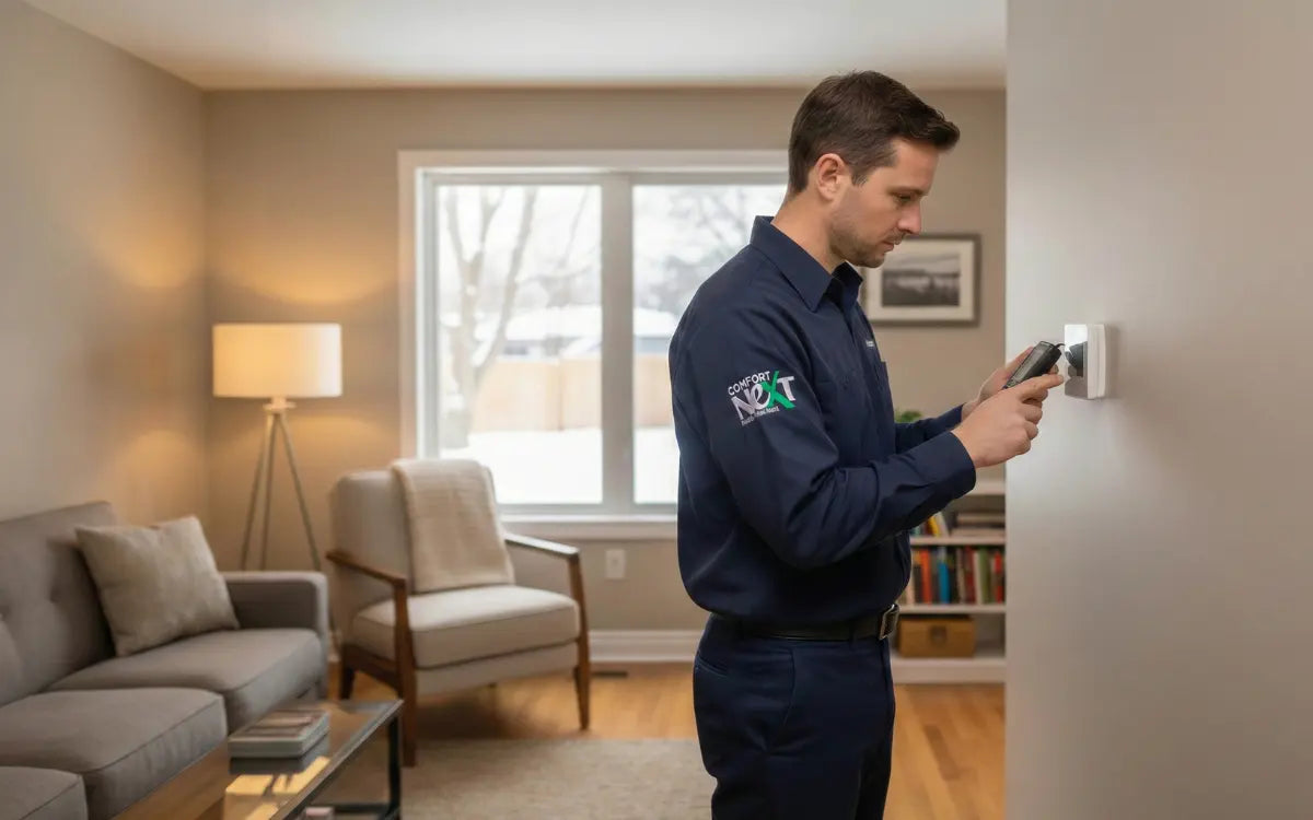 HVAC technician installing smart thermostat