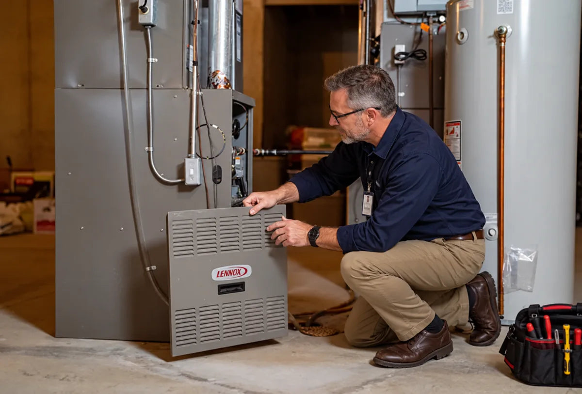 Technician working on a residential furnace