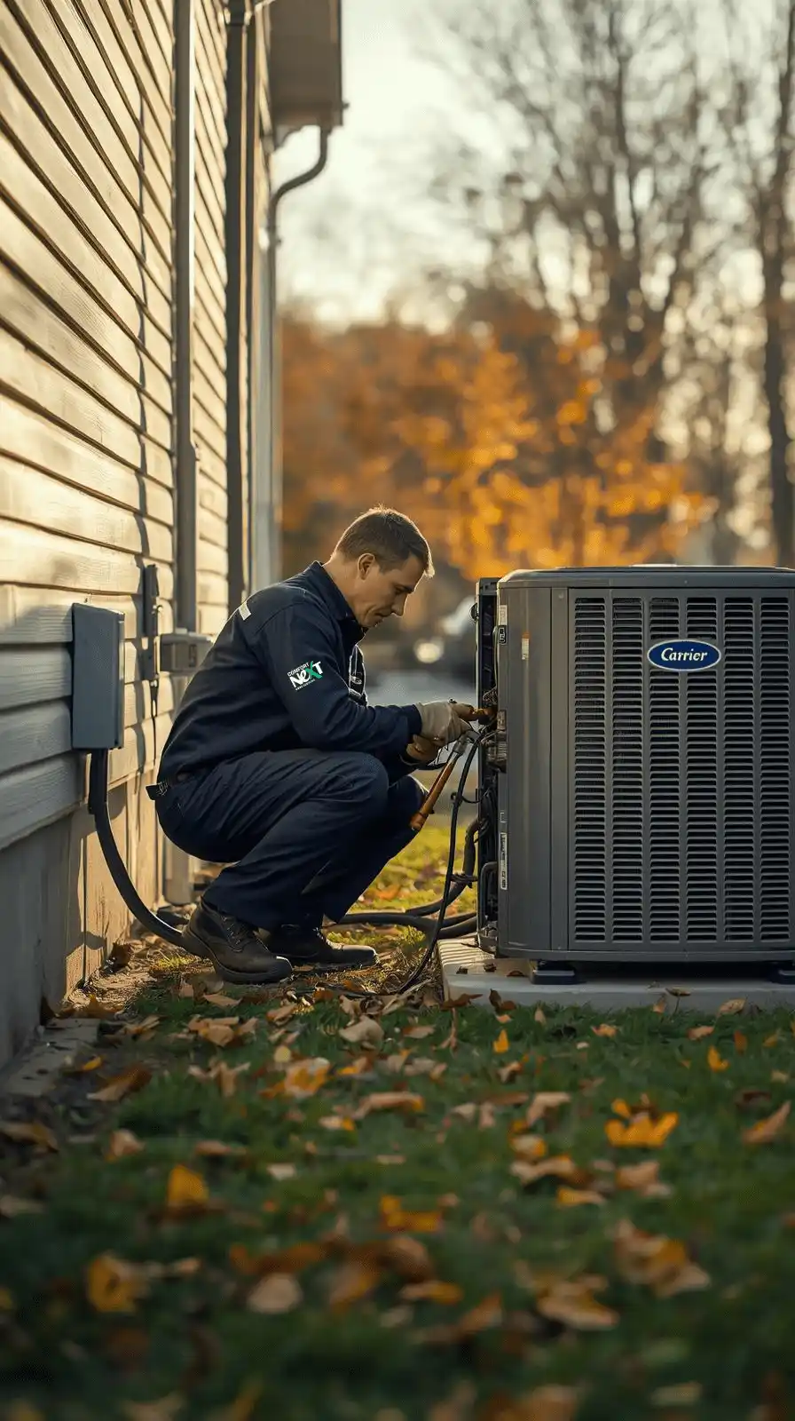 Comfort Next HVAC technician performing Carrier heat pump maintenance outside an Ontario home during fall.