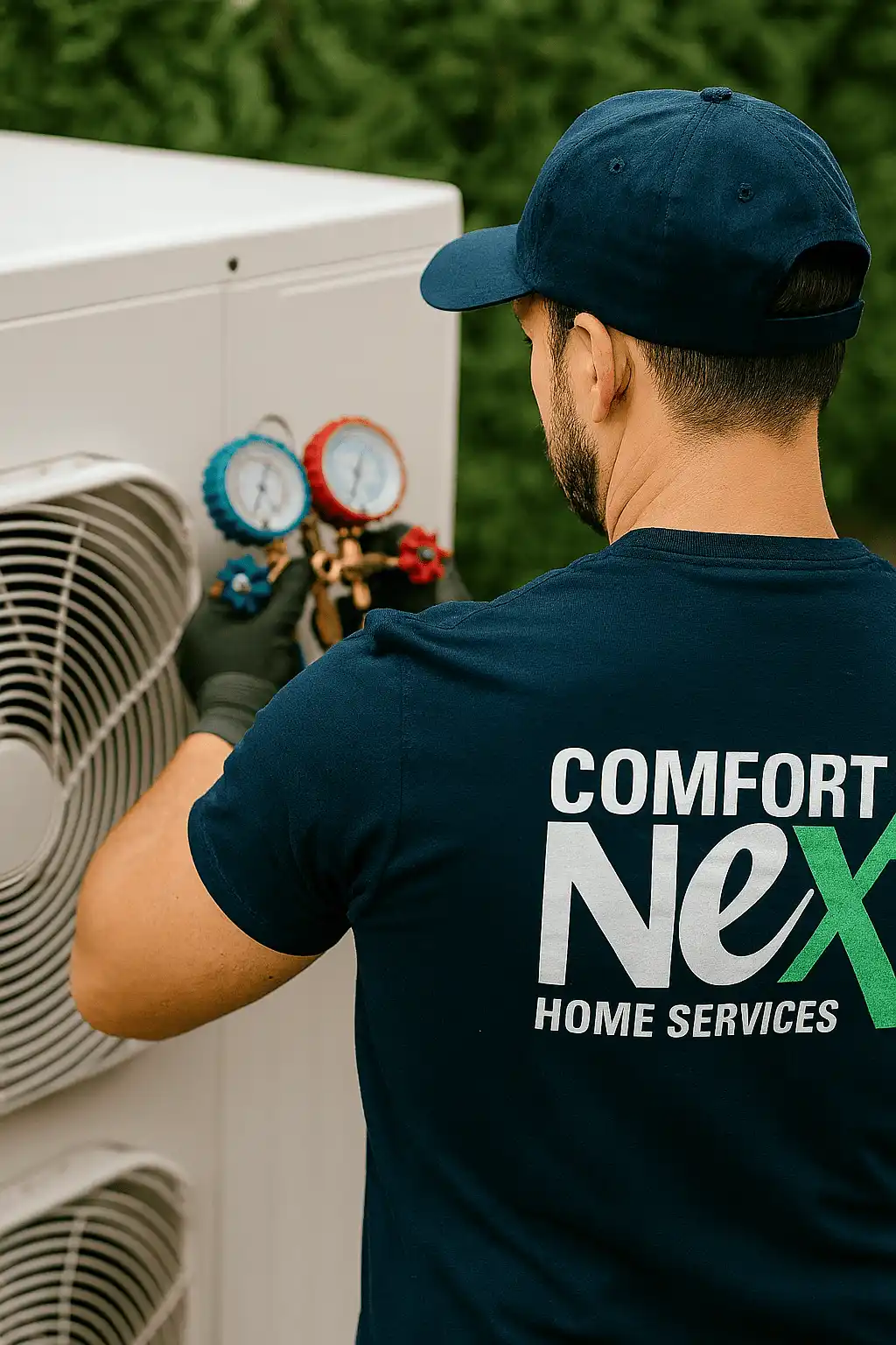 Certified Comfort Next technician performing professional heat pump repair service in Aurora & GTA
