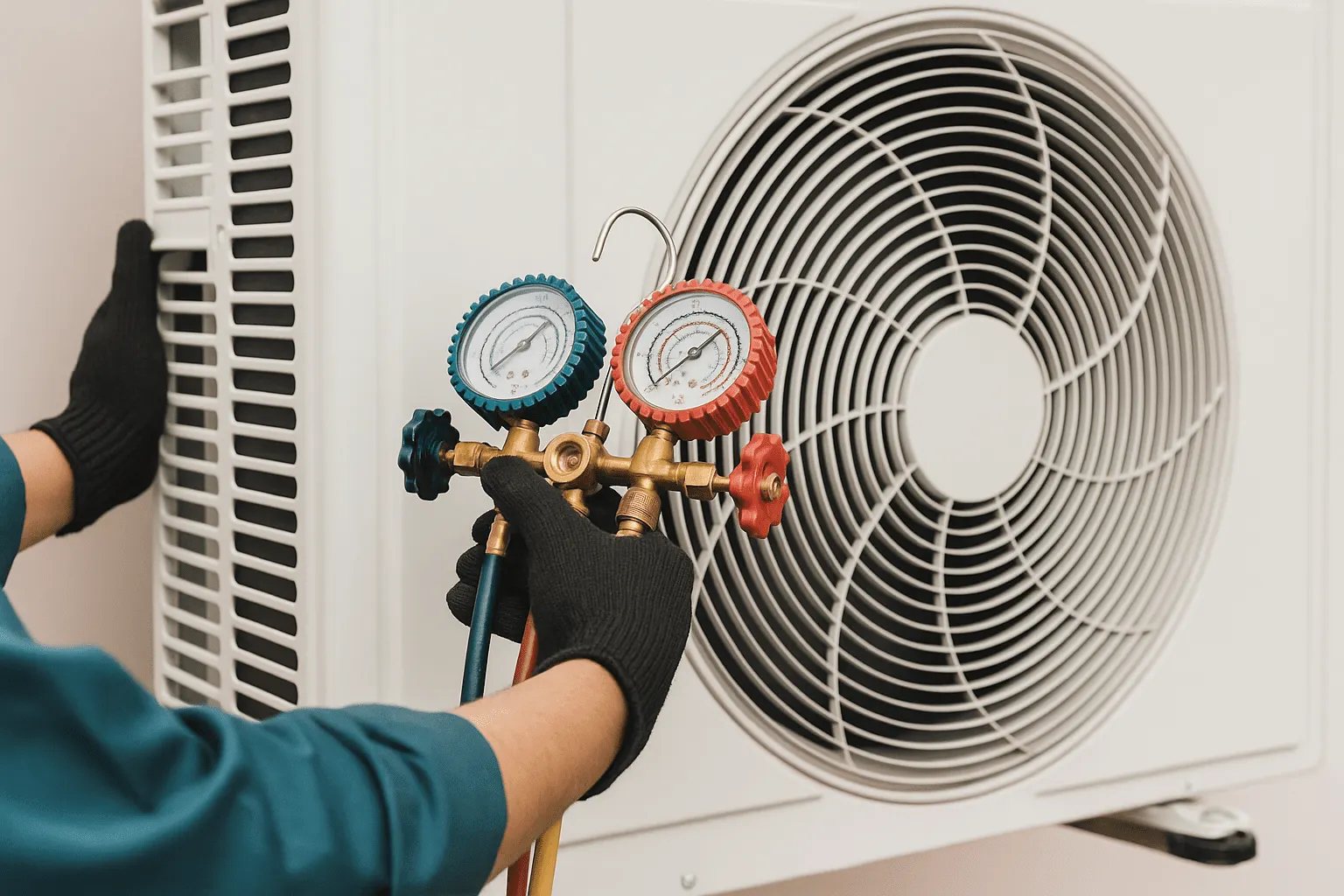Technician performing professional heat pump repairs with pressure gauges in Ontario – Comfort Next