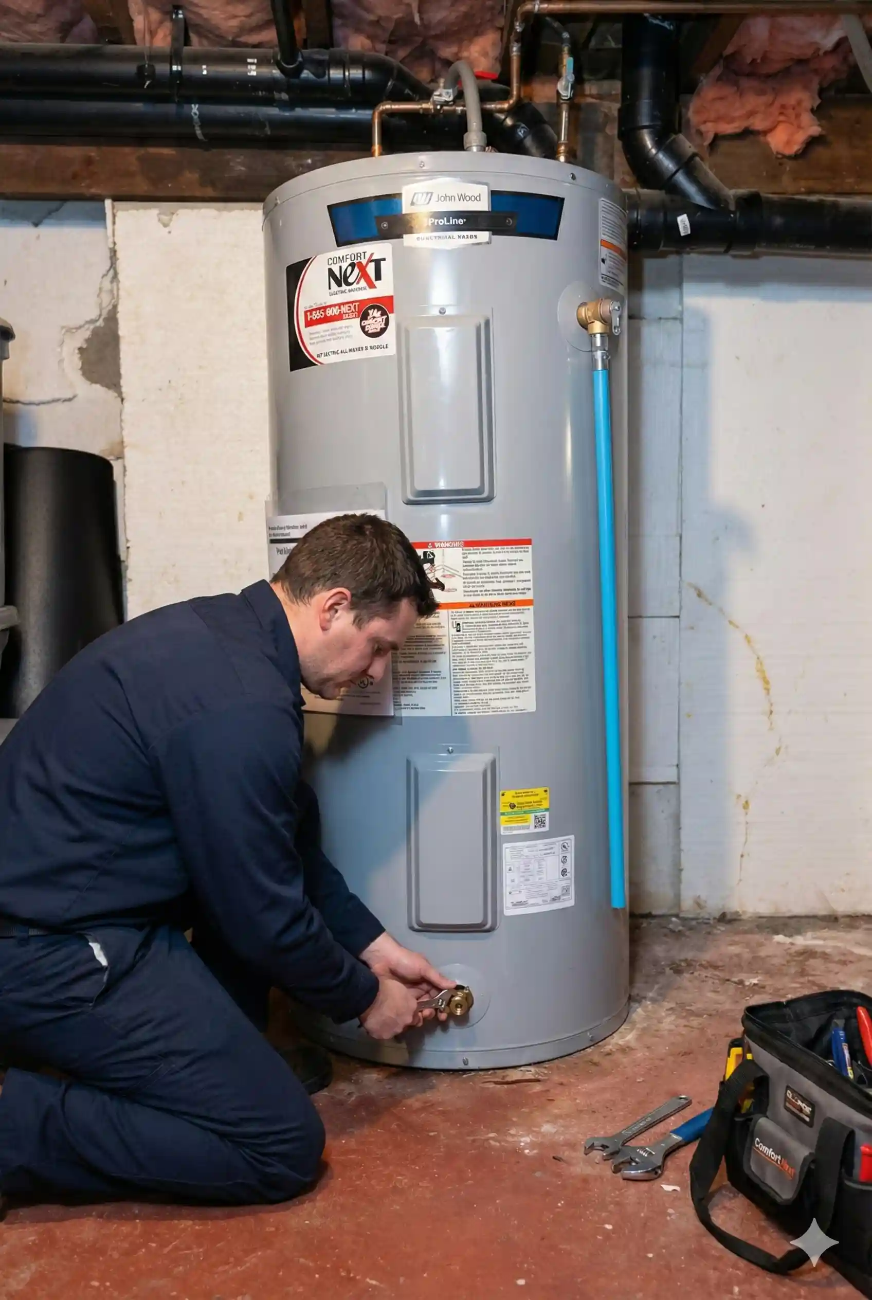 Comfort Next technician performing maintenance on a John Wood tank-style water heater in a GTA home.