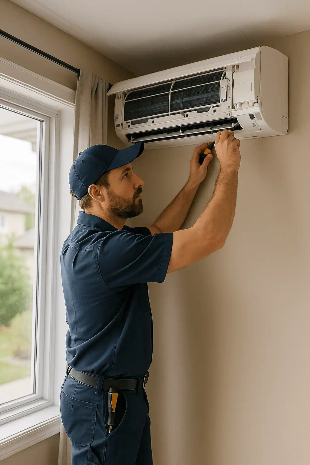 Technician performing professional air conditioner repair
