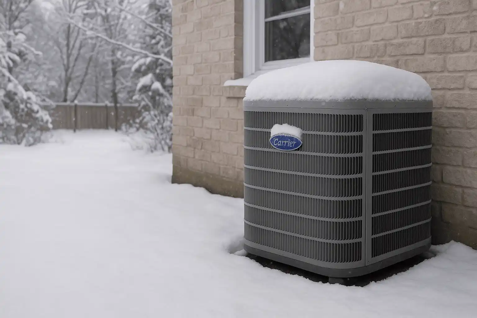 Carrier heat pump installed outside a brick house in Ontario winter by Comfort Next – energy-efficient heating and cooling system.