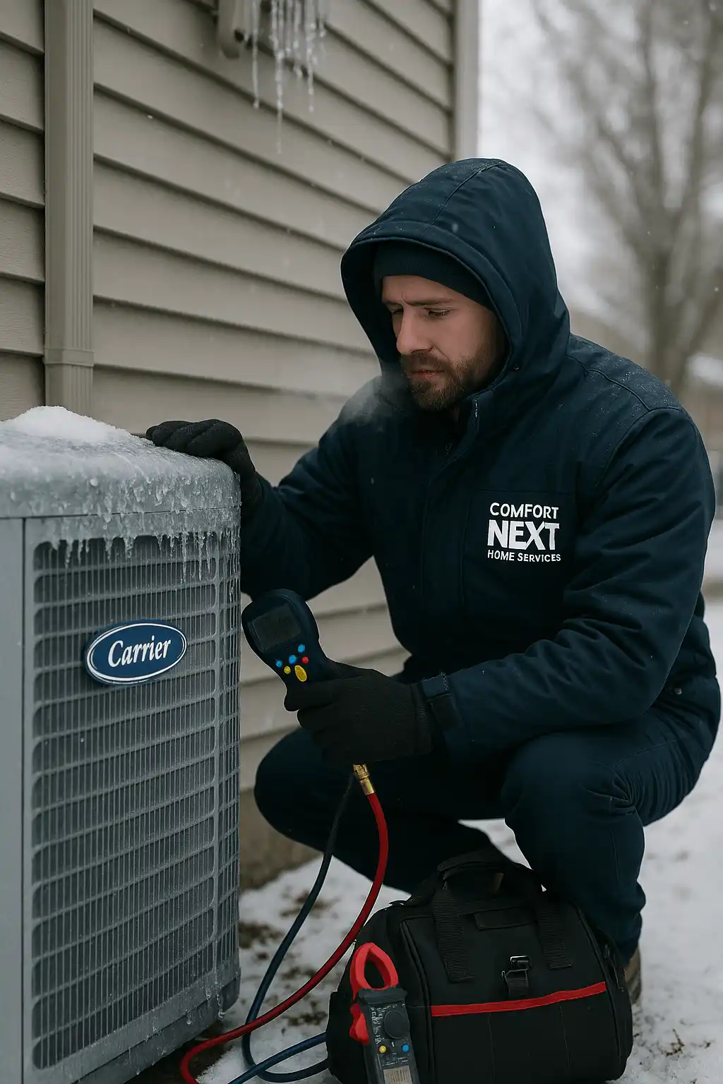 Comfort Next technician inspecting a Carrier heat pump in Ontario winter, ensuring performance despite common disadvantages of heat pumps in cold weather.