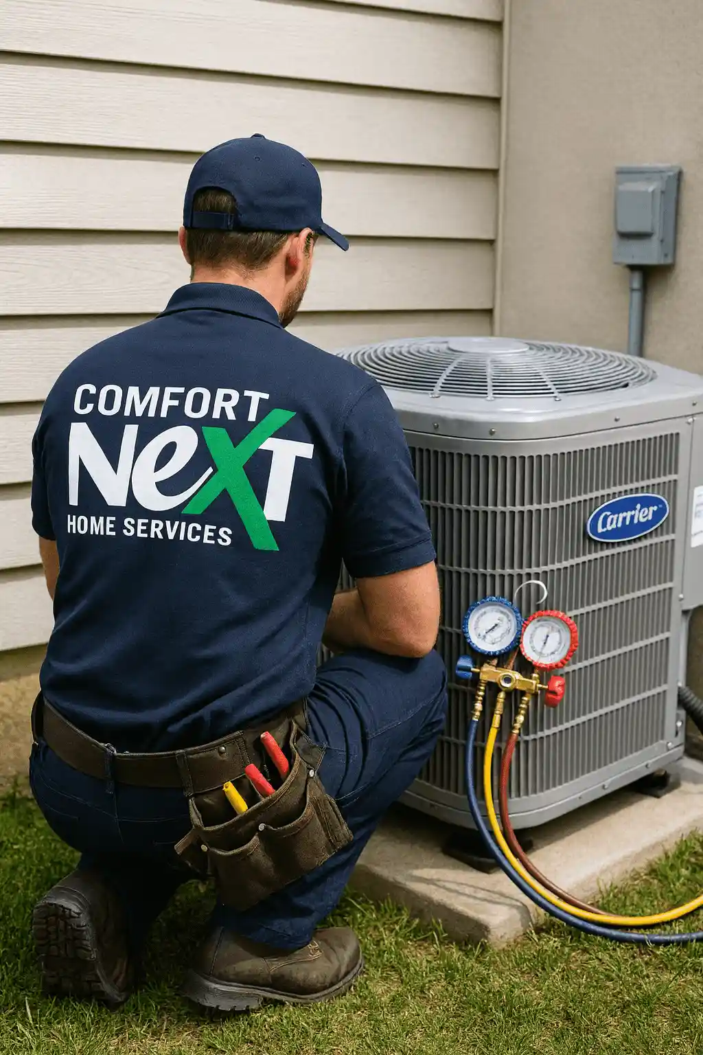 Comfort Next HVAC technician fixing a Carrier heat pump system in Aurora & GTA – professional heat pump repair service