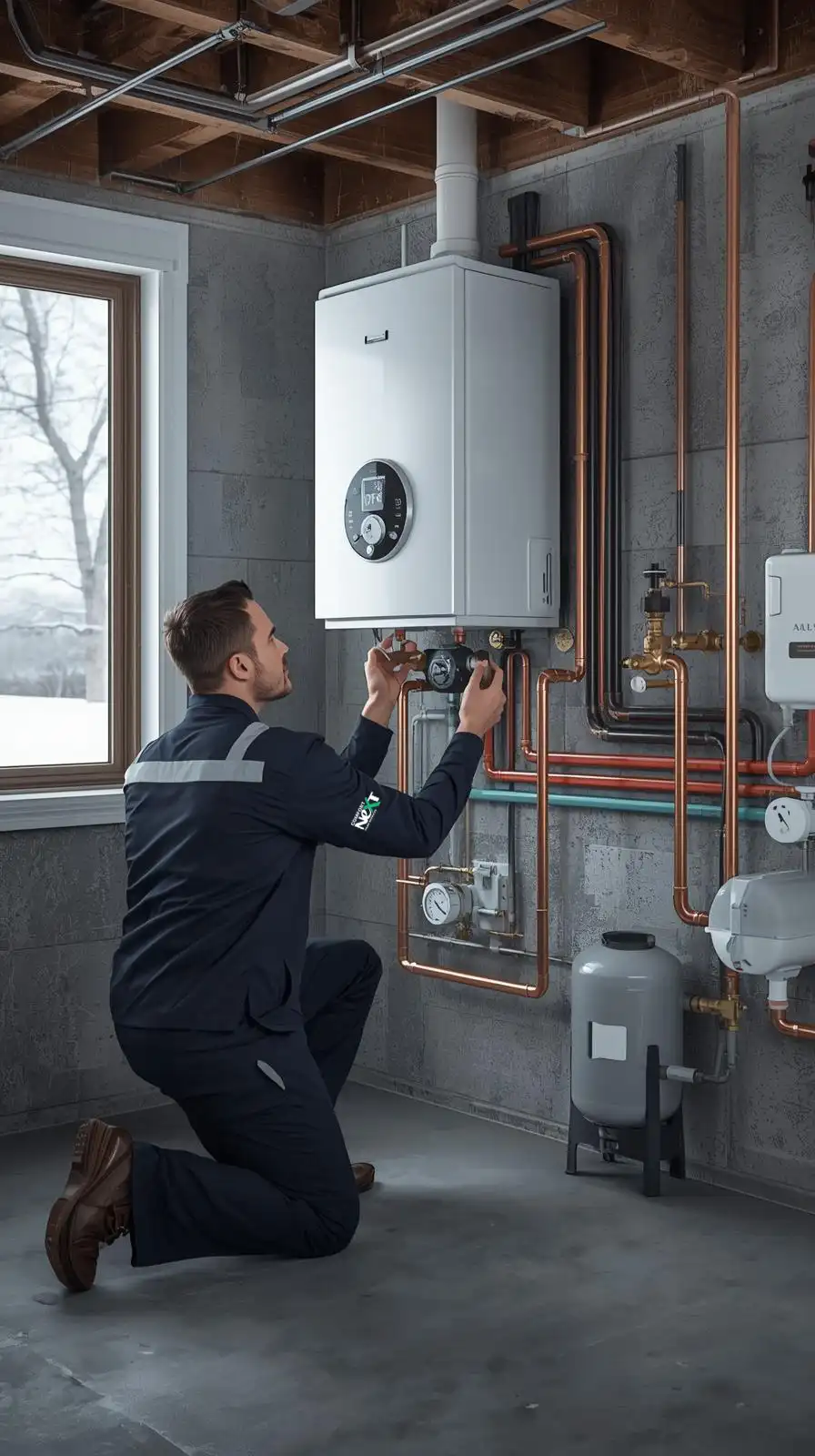 Professional HVAC technician setting up a wall-mounted combi boiler in Southern Ontario.
