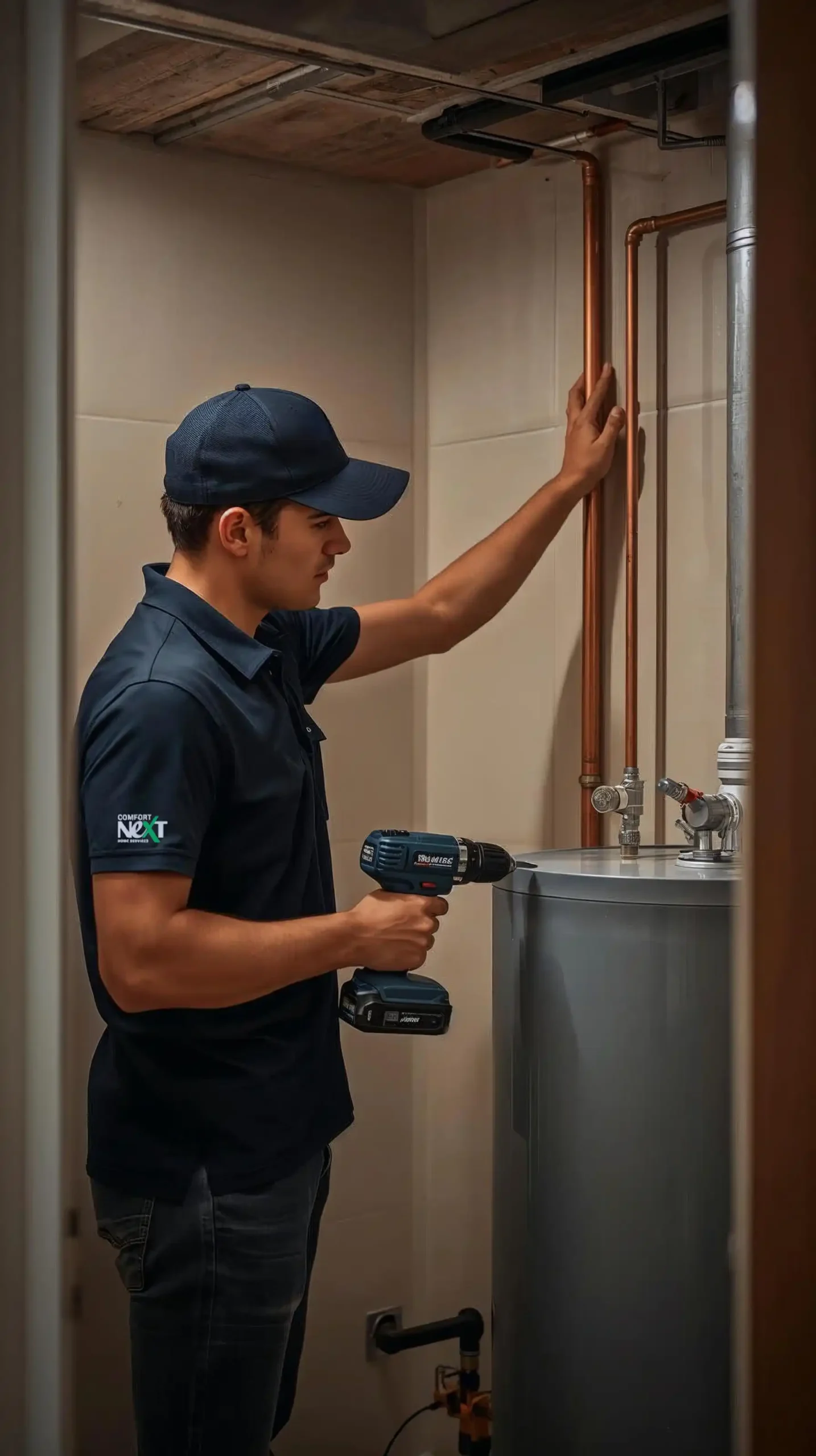 Comfort Next technician installing a tank water heater in a residential basement in GTA Ontario