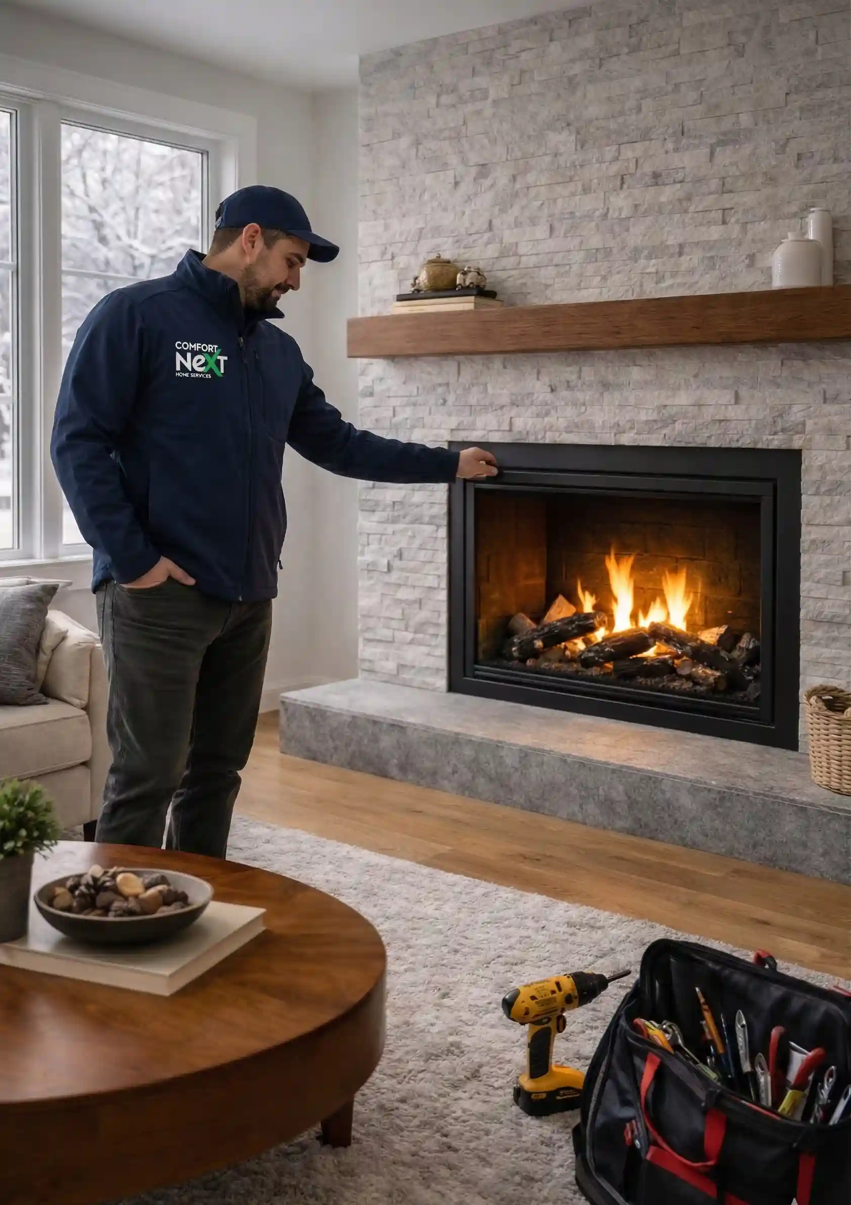 Comfort Next technician inspecting a modern fireplace during installation in an Ontario home serving Aurora and the Greater Toronto Area.