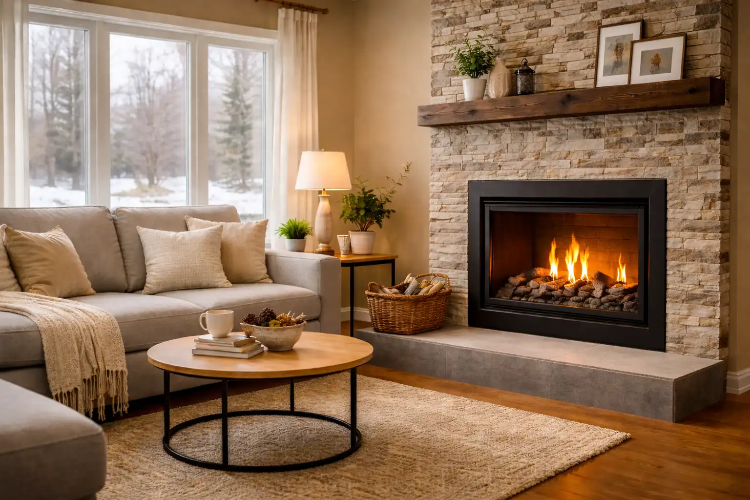 Modern gas fireplace installed in a cozy Ontario home living room by Comfort Next