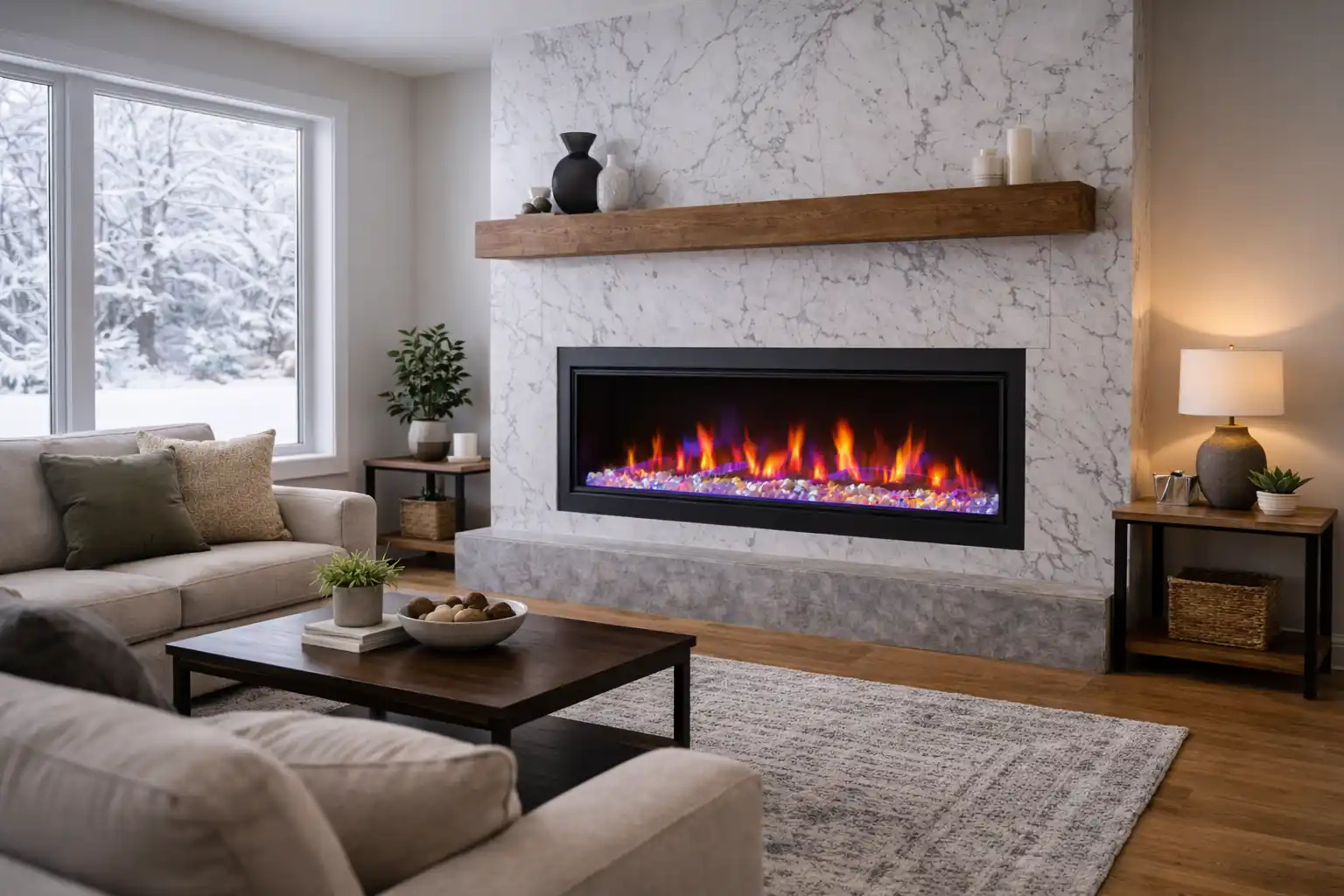 Napoleon electric linear fireplace with LED flames in a modern Ontario living room installed by Comfort Next serving Aurora and the GTA.