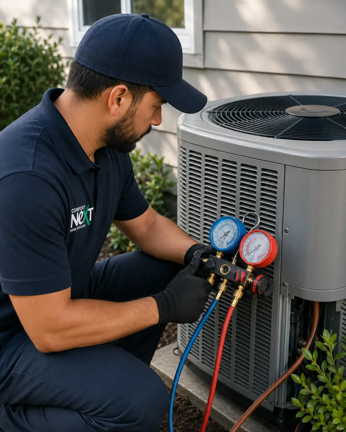 Need AC Installation Help HVAC technician from Comfort Next testing an outdoor air conditioner during AC installation service