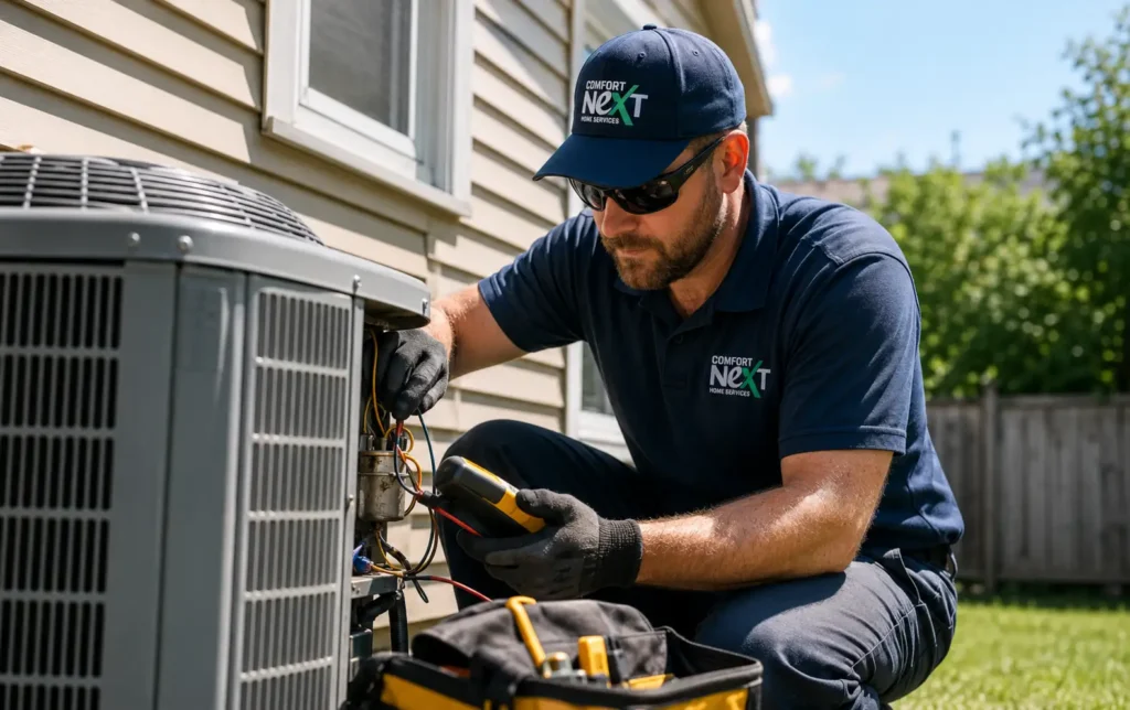 Comfort Next technician inspecting an outdoor air conditioner during a summer heat wave in Aurora, Ontario
