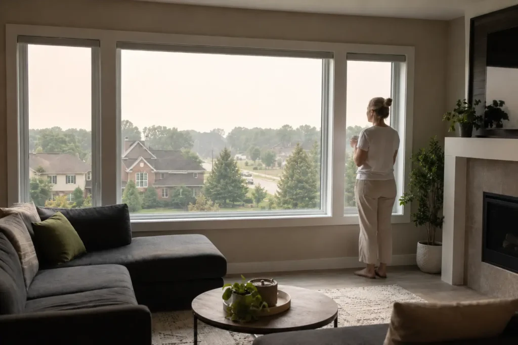 Woman inside an Aurora home looking out at smoky summer skies during wildfire season